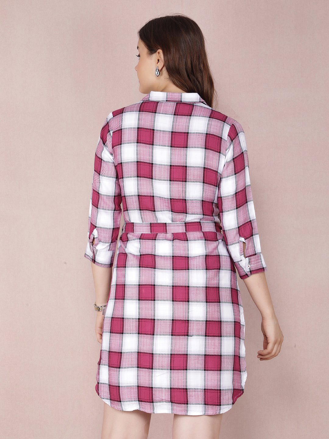 Pink Checked Longline Belted Shirt-Women Shirts-Crimsoune Club