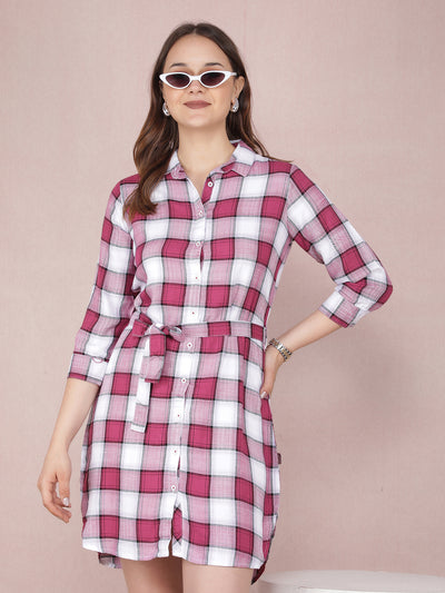 Pink Checked Longline Belted Shirt-Women Shirts-Crimsoune Club