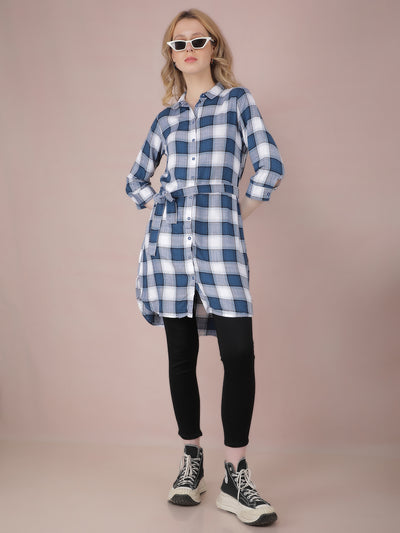 Navy Blue Checked Long Shirt With Fabric Belt-Women Shirts-Crimsoune Club