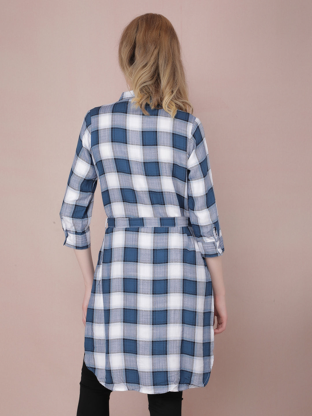 Navy Blue Checked Long Shirt With Fabric Belt-Women Shirts-Crimsoune Club