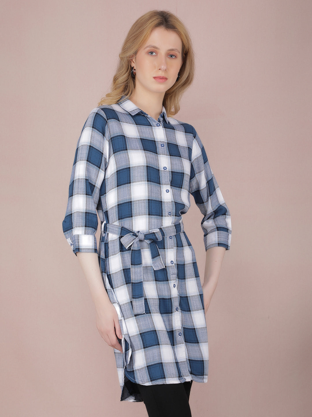 Navy Blue Checked Long Shirt With Fabric Belt-Women Shirts-Crimsoune Club