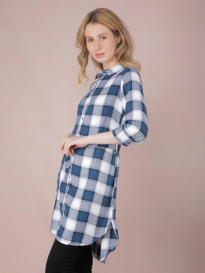 Navy Blue Checked Long Shirt With Fabric Belt-Women Shirts-Crimsoune Club