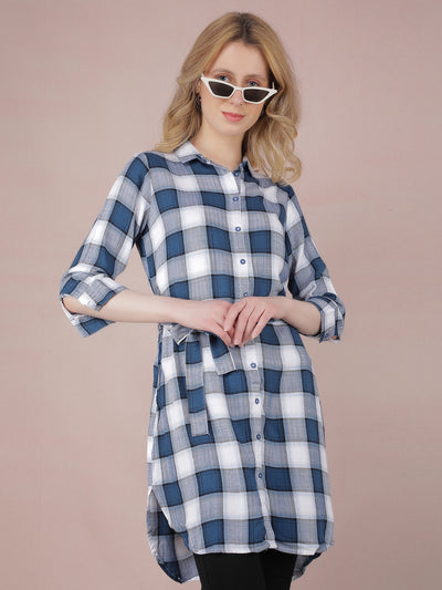 Navy Blue Checked Long Shirt With Fabric Belt-Women Shirts-Crimsoune Club