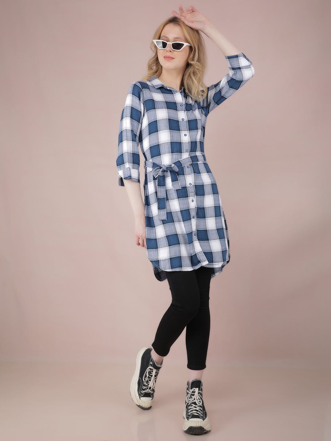 Navy Blue Checked Long Shirt With Fabric Belt-Women Shirts-Crimsoune Club