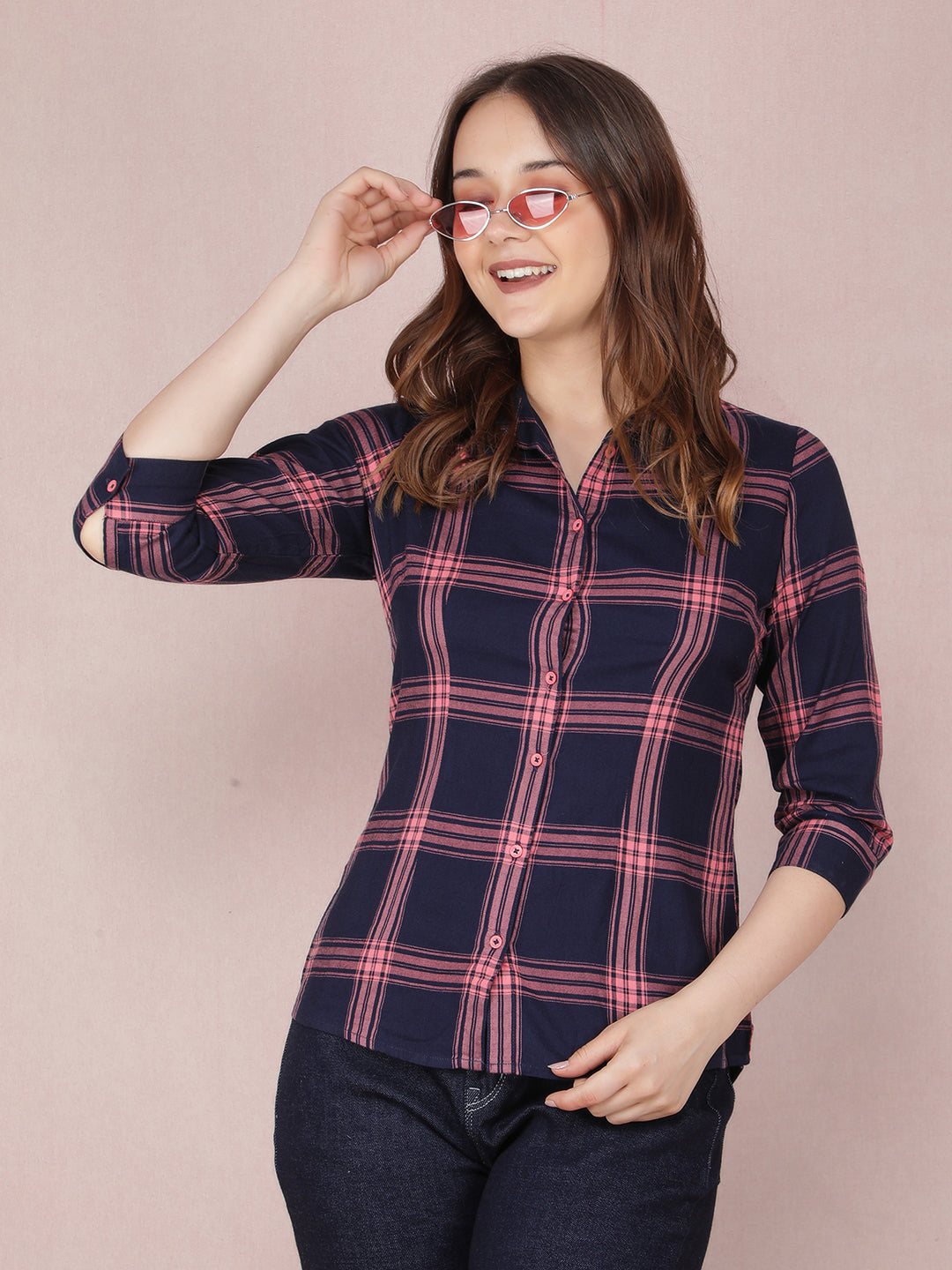 Pink Checked Shirt-Women Shirts-Crimsoune Club