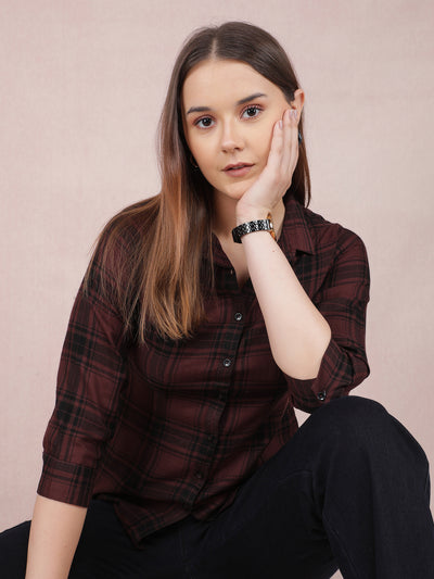 Brown Checked Shirt-Women Shirts-Crimsoune Club