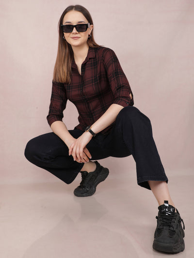 Brown Checked Shirt-Women Shirts-Crimsoune Club