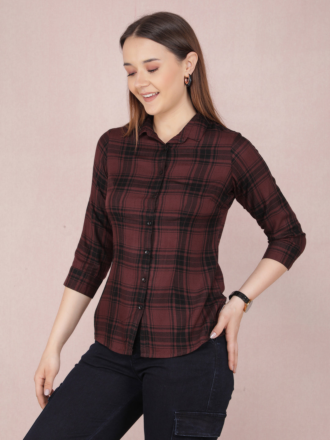 Brown Checked Shirt-Women Shirts-Crimsoune Club