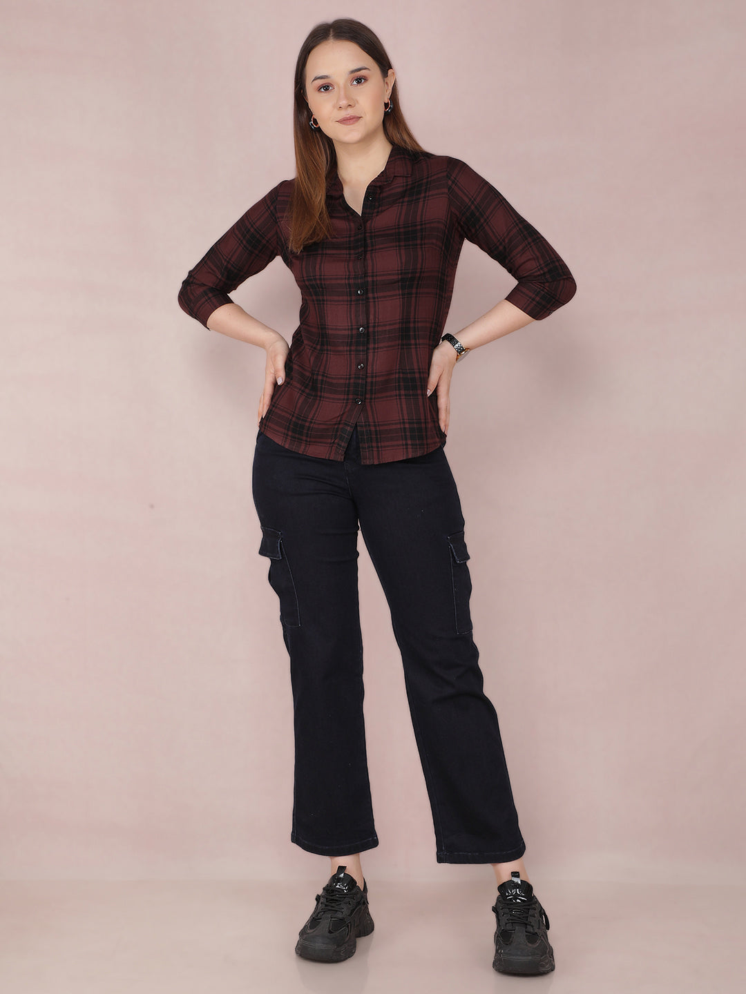 Brown Checked Shirt-Women Shirts-Crimsoune Club