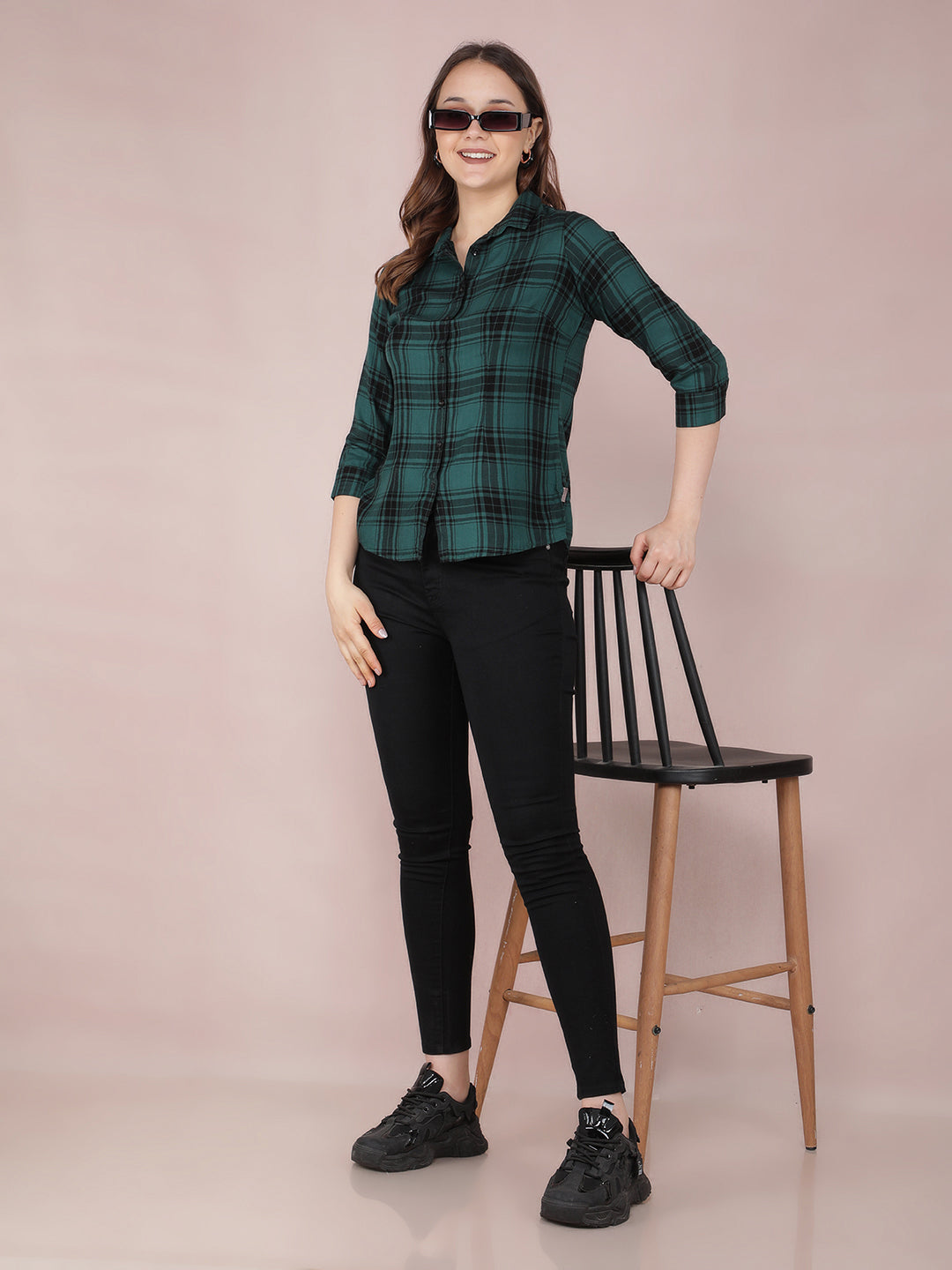 Green Checked Shirt-Women Shirts-Crimsoune Club