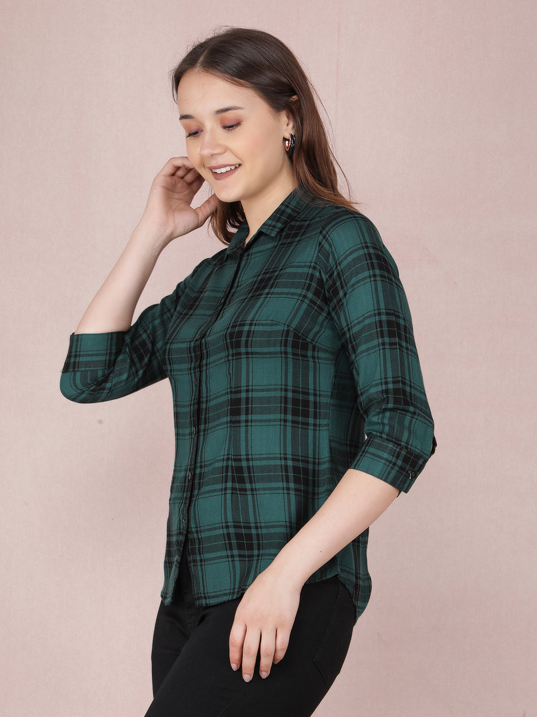 Green Checked Shirt-Women Shirts-Crimsoune Club