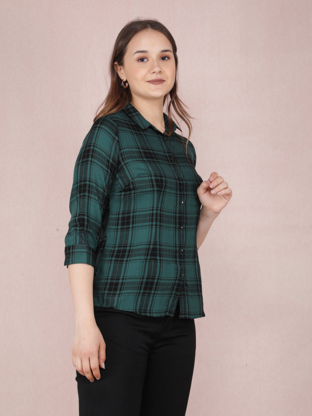 Green Checked Shirt-Women Shirts-Crimsoune Club