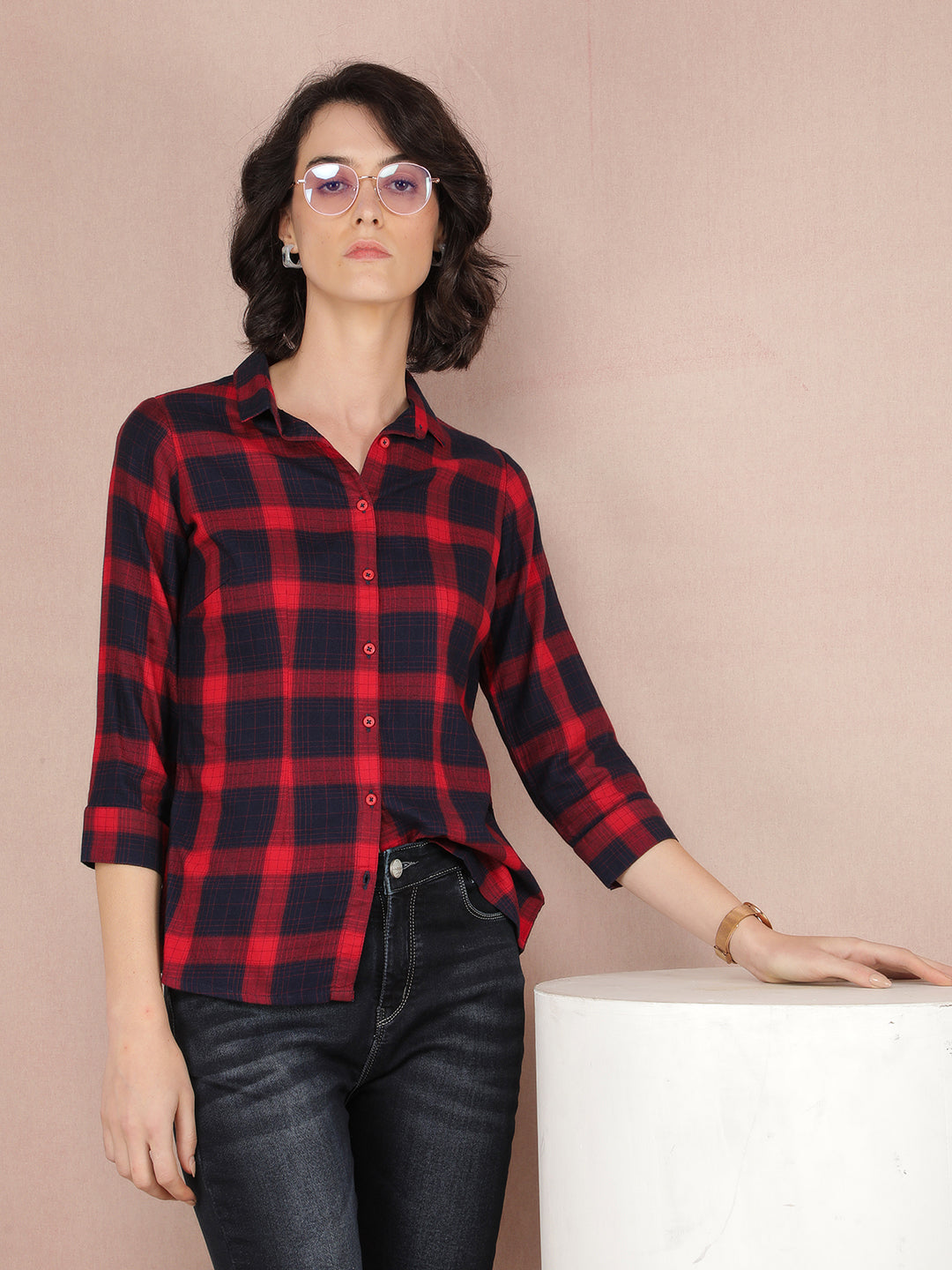 Red Checked Shirt-Women Shirts-Crimsoune Club