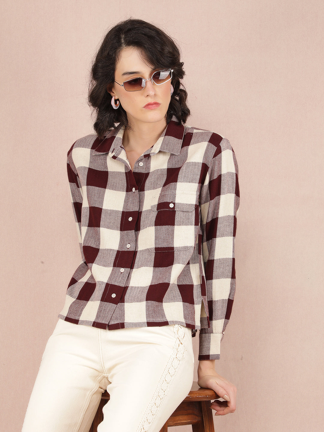 Brown Checked Shirt-Women Shirts-Crimsoune Club