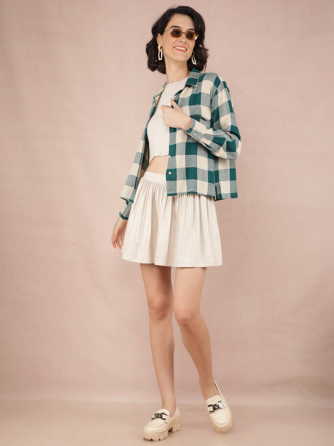 Green Checked Shirt-Women Shirts-Crimsoune Club