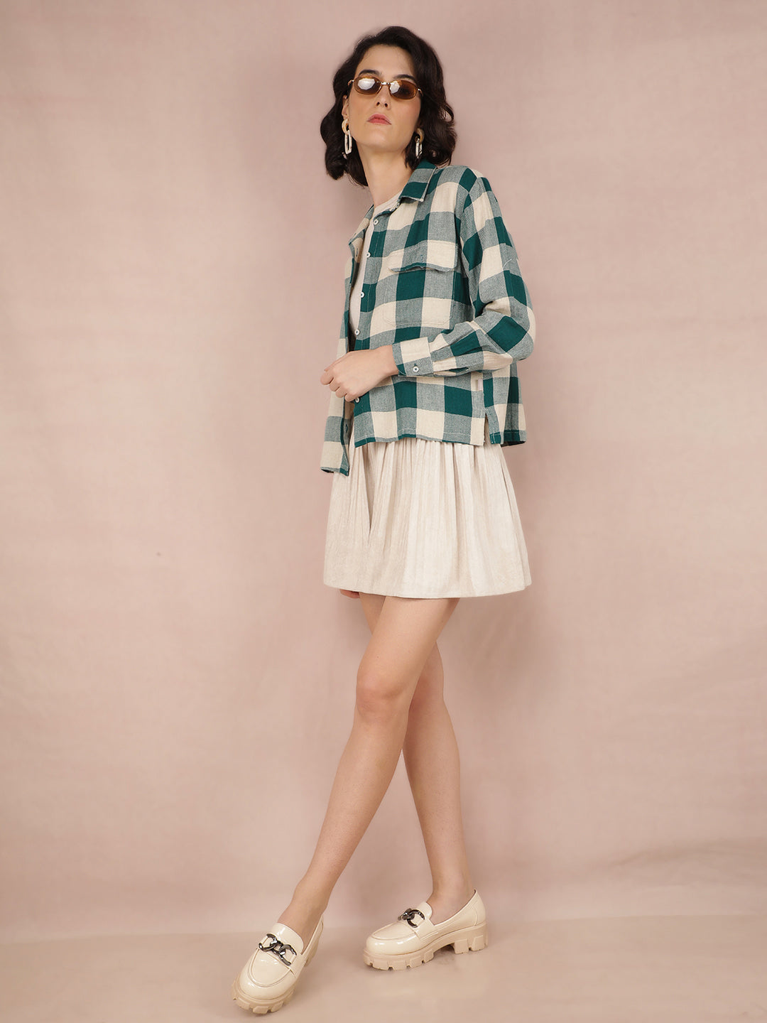 Green Checked Shirt-Women Shirts-Crimsoune Club