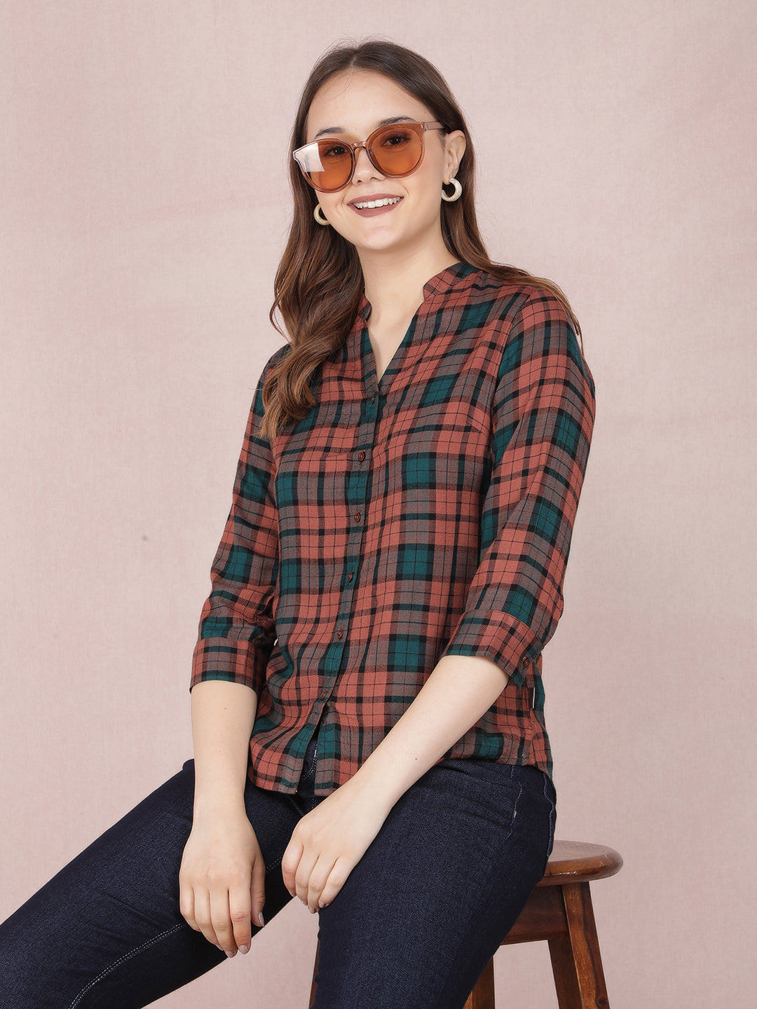 Brown Checked Shirt-Women Shirts-Crimsoune Club