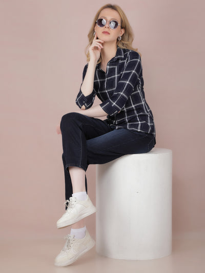 Navy Blue Checked Shirt-Women Shirts-Crimsoune Club