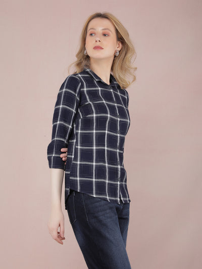 Navy Blue Checked Shirt-Women Shirts-Crimsoune Club