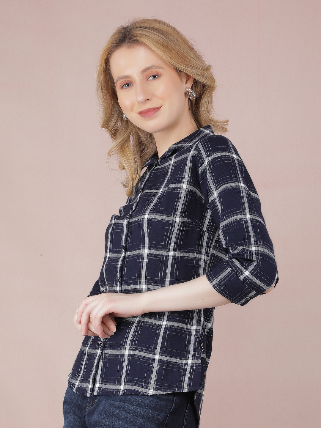 Navy Blue Checked Shirt-Women Shirts-Crimsoune Club