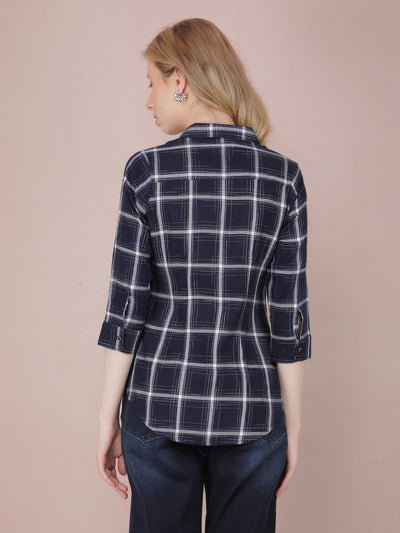 Navy Blue Checked Shirt-Women Shirts-Crimsoune Club