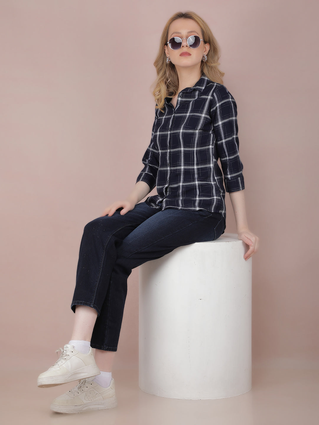 Navy Blue Checked Shirt-Women Shirts-Crimsoune Club