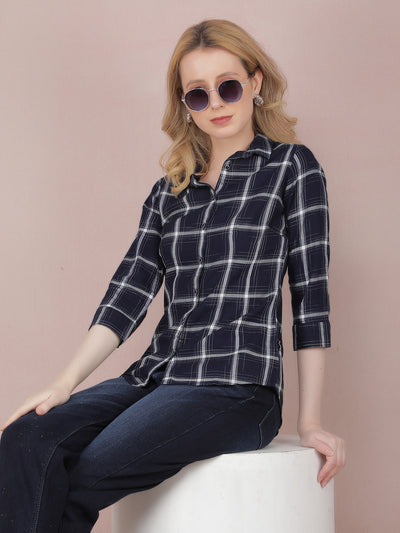 Navy Blue Checked Shirt-Women Shirts-Crimsoune Club