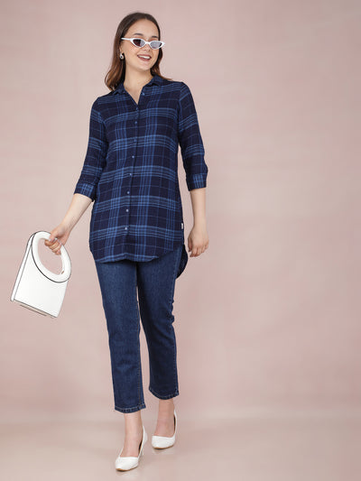 Navy Blue Checked 100% Cotton Long Shirt-Women Shirts-Crimsoune Club