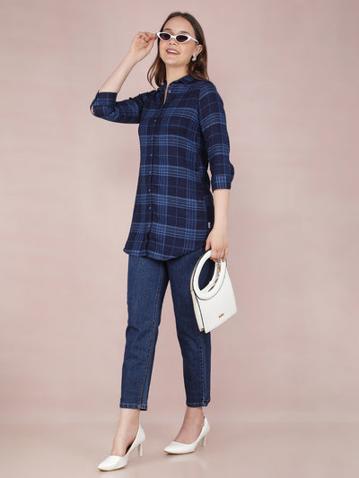 Navy Blue Checked 100% Cotton Long Shirt-Women Shirts-Crimsoune Club