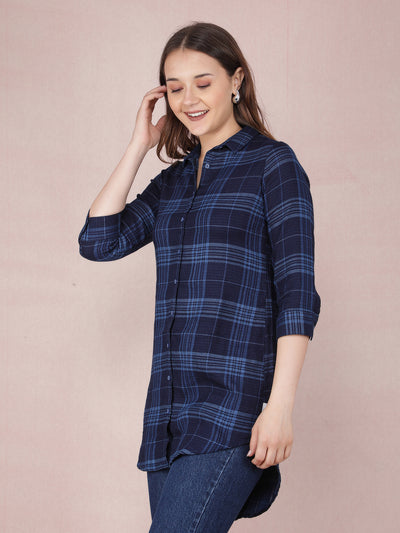 Navy Blue Checked 100% Cotton Long Shirt-Women Shirts-Crimsoune Club