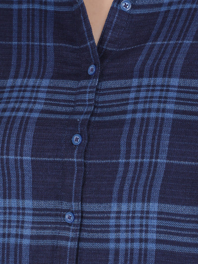 Navy Blue Checked 100% Cotton Long Shirt-Women Shirts-Crimsoune Club