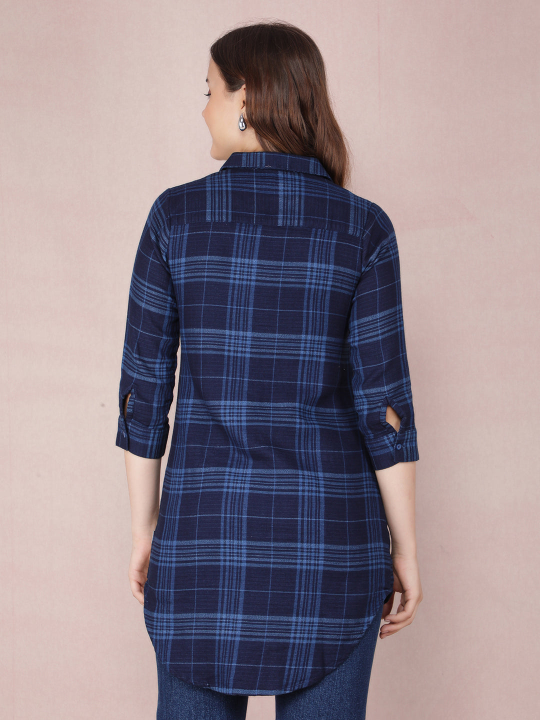 Navy Blue Checked 100% Cotton Long Shirt-Women Shirts-Crimsoune Club