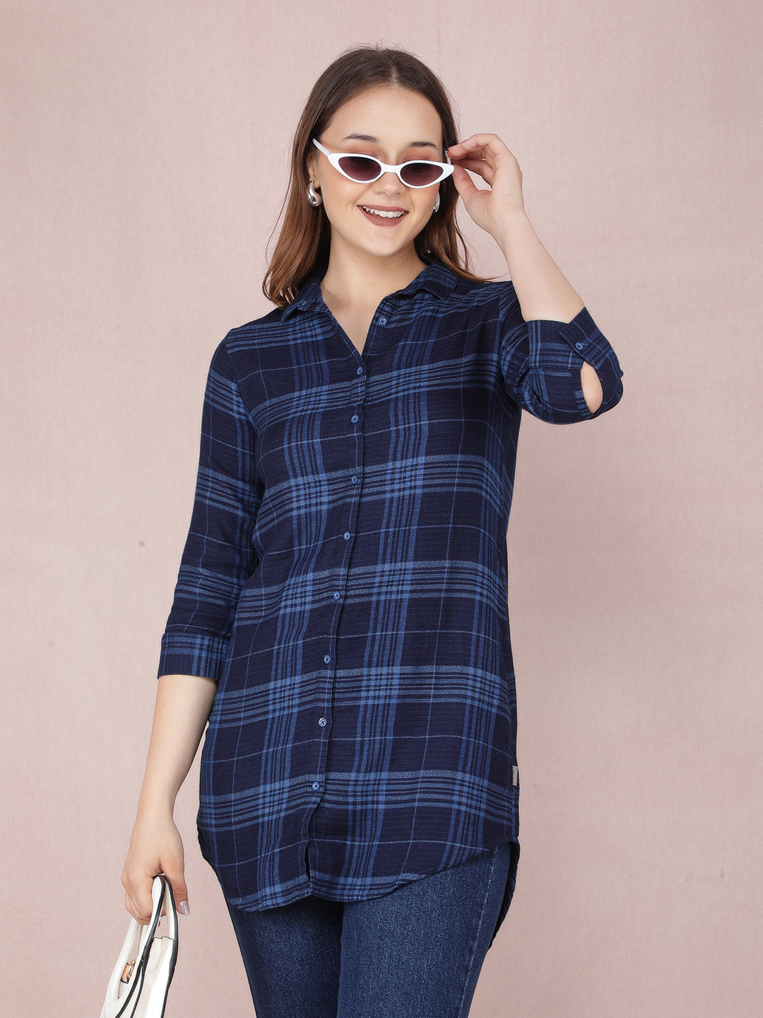 Navy Blue Checked 100% Cotton Long Shirt-Women Shirts-Crimsoune Club