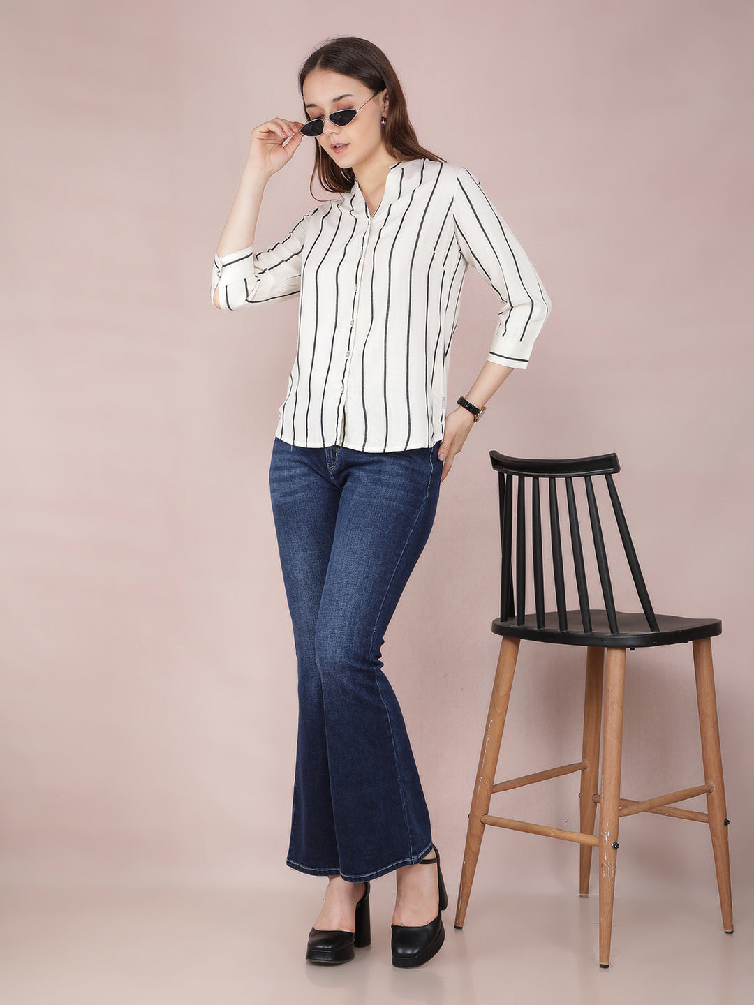 White Vertical Stripes Shirt-Women Shirts-Crimsoune Club