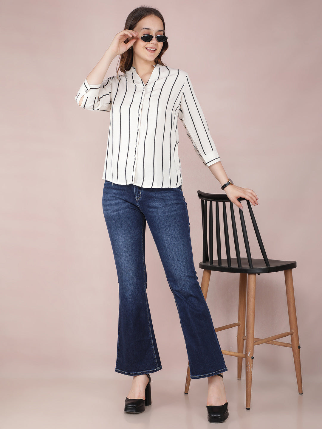 White Vertical Stripes Shirt-Women Shirts-Crimsoune Club