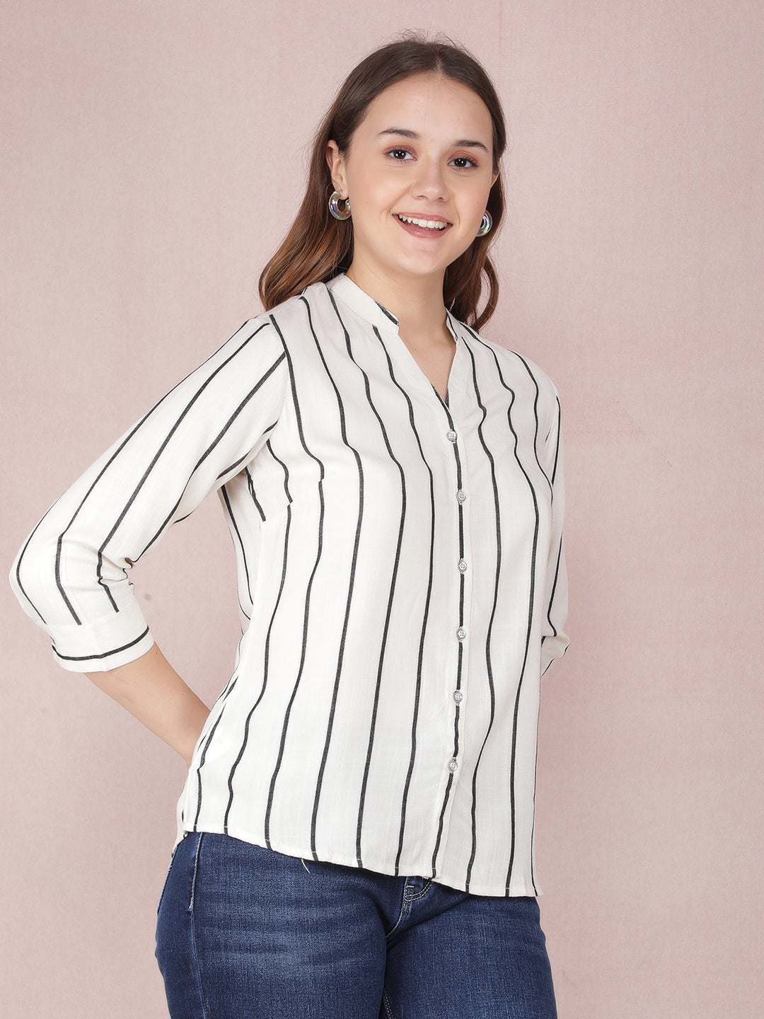 White Vertical Stripes Shirt-Women Shirts-Crimsoune Club