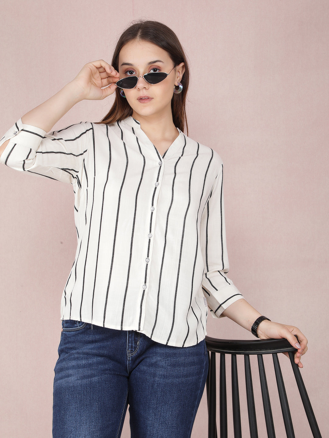 White Vertical Stripes Shirt-Women Shirts-Crimsoune Club