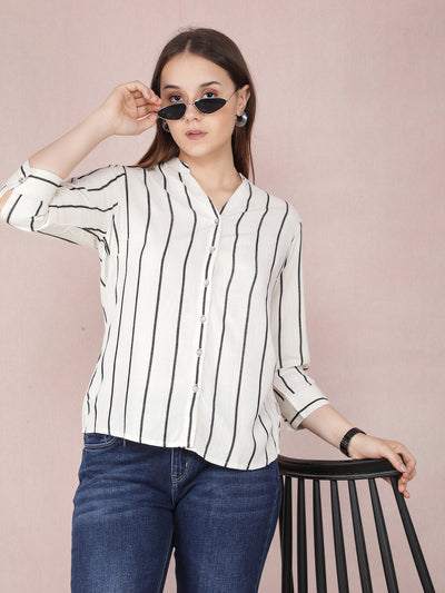 White Vertical Stripes Shirt-Women Shirts-Crimsoune Club