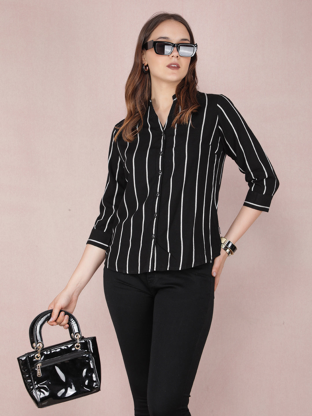 Black Vertical Stripes Shirt-Women Shirts-Crimsoune Club