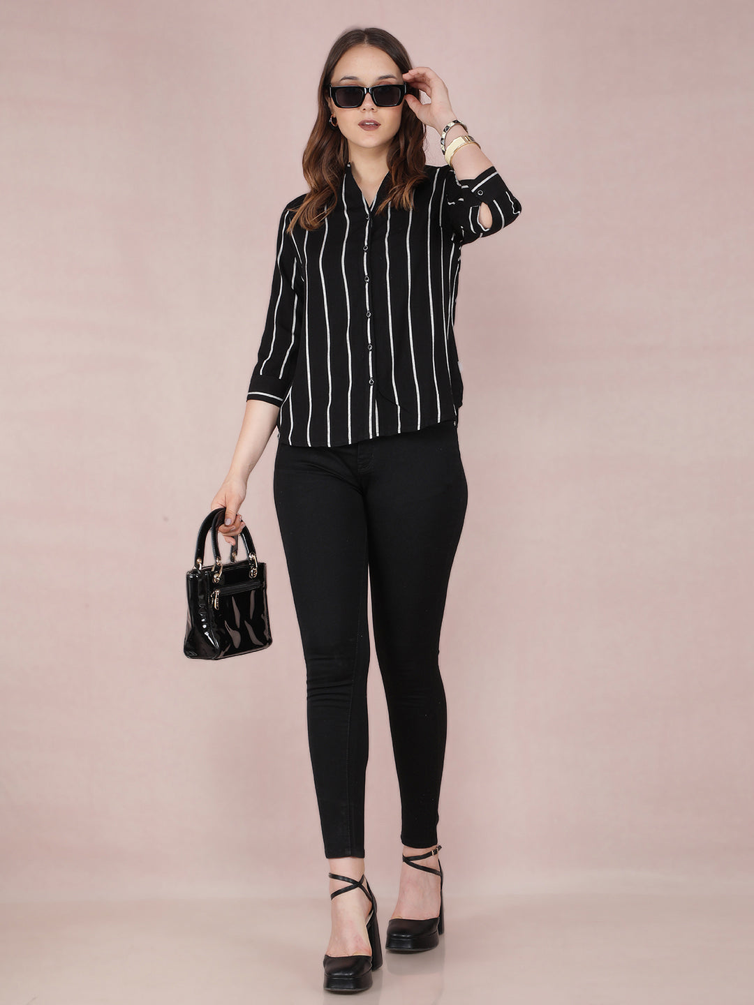 Black Vertical Stripes Shirt-Women Shirts-Crimsoune Club