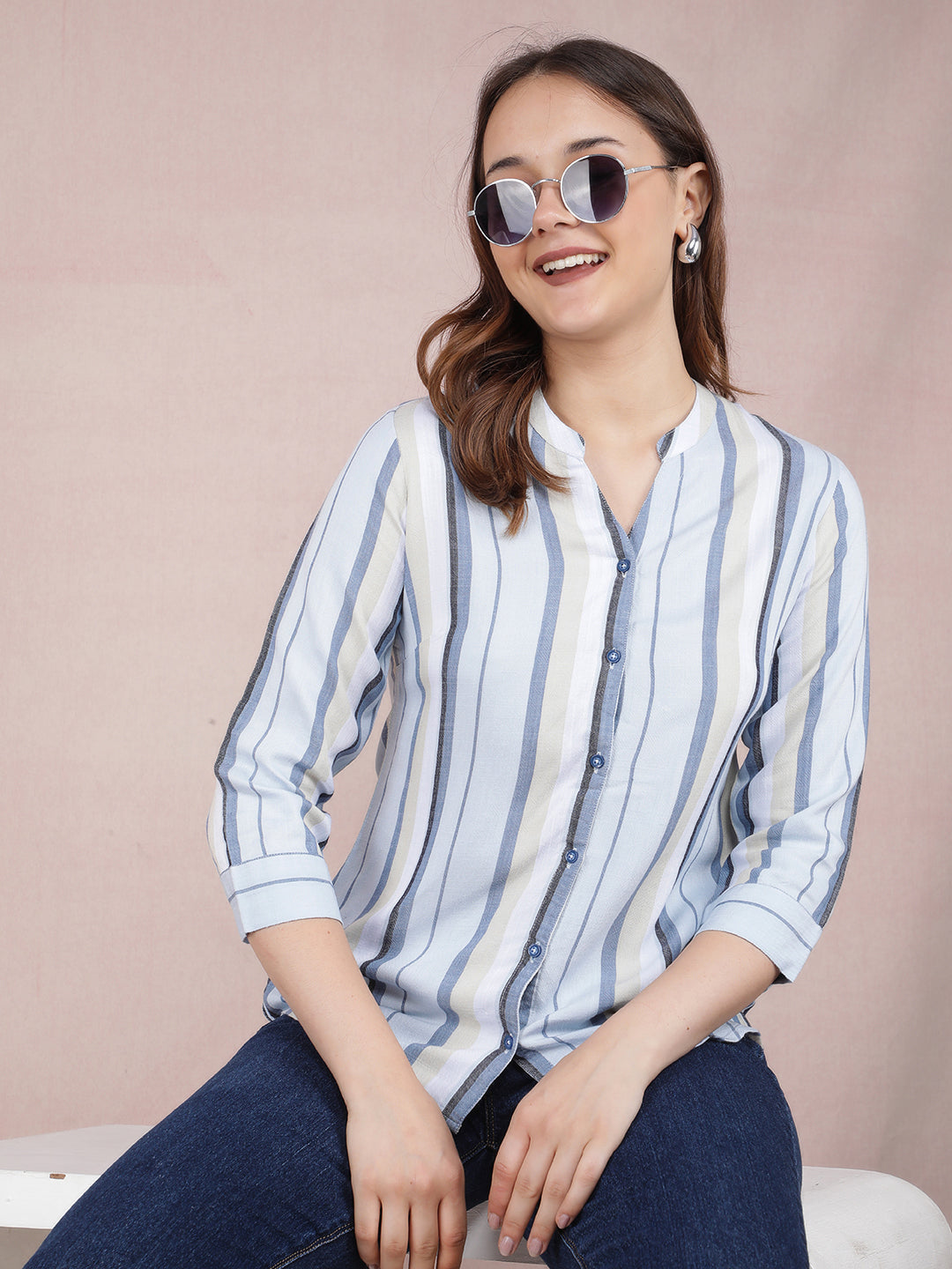 Blue Vertical Stripes Shirt-Women Shirts-Crimsoune Club