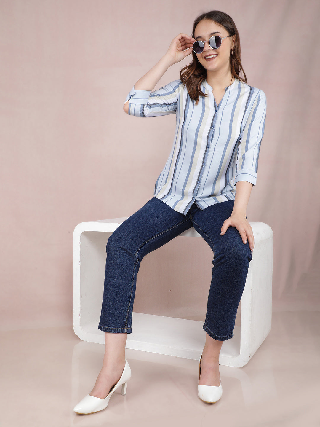 Blue Vertical Stripes Shirt-Women Shirts-Crimsoune Club