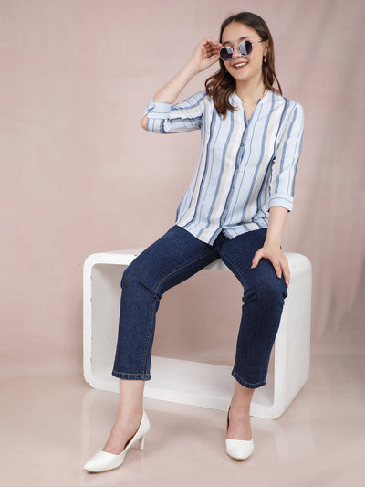 Blue Vertical Stripes Shirt-Women Shirts-Crimsoune Club