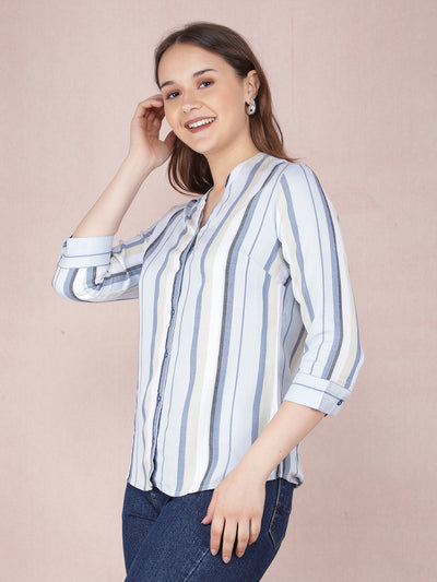 Blue Vertical Stripes Shirt-Women Shirts-Crimsoune Club