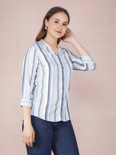 Blue Vertical Stripes Shirt-Women Shirts-Crimsoune Club