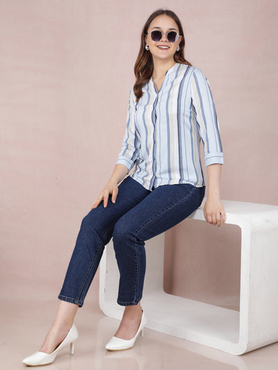 Blue Vertical Stripes Shirt-Women Shirts-Crimsoune Club