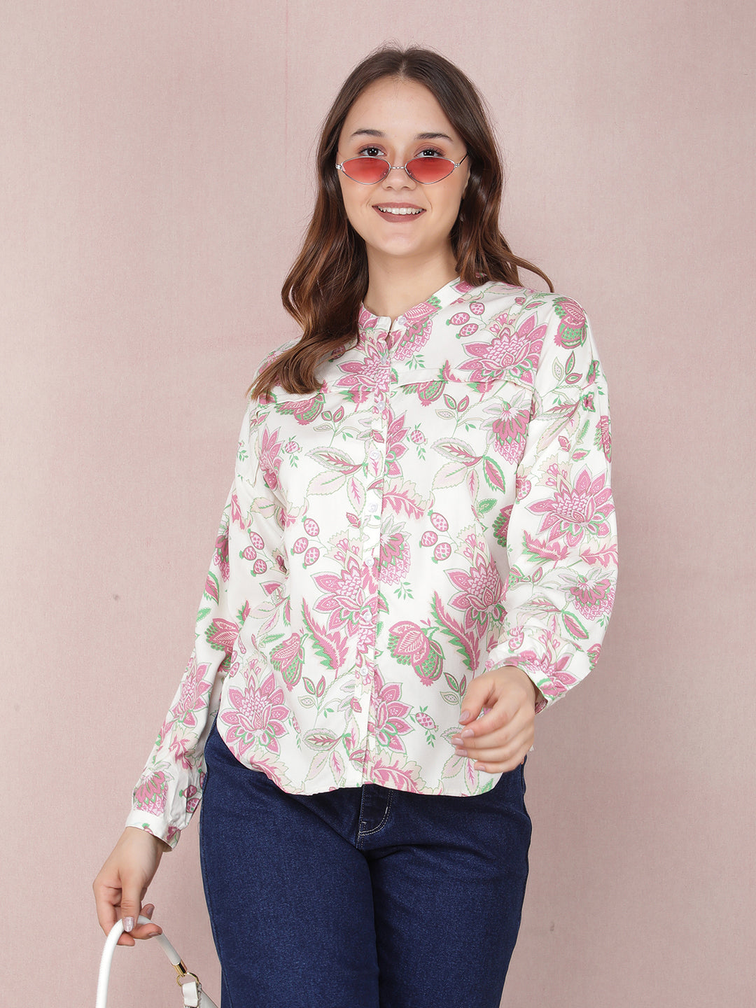 Pink Floral Print Shirt-Women Shirts-Crimsoune Club