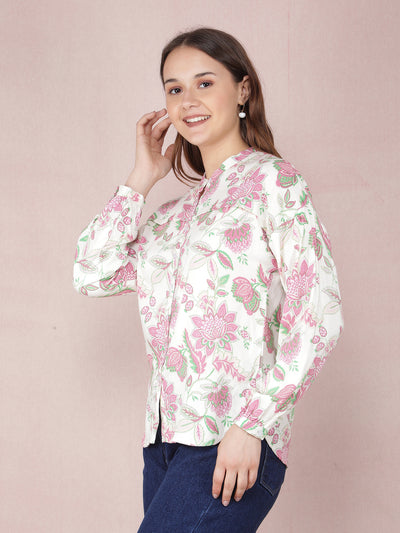 Pink Floral Print Shirt-Women Shirts-Crimsoune Club