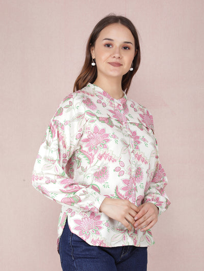 Pink Floral Print Shirt-Women Shirts-Crimsoune Club