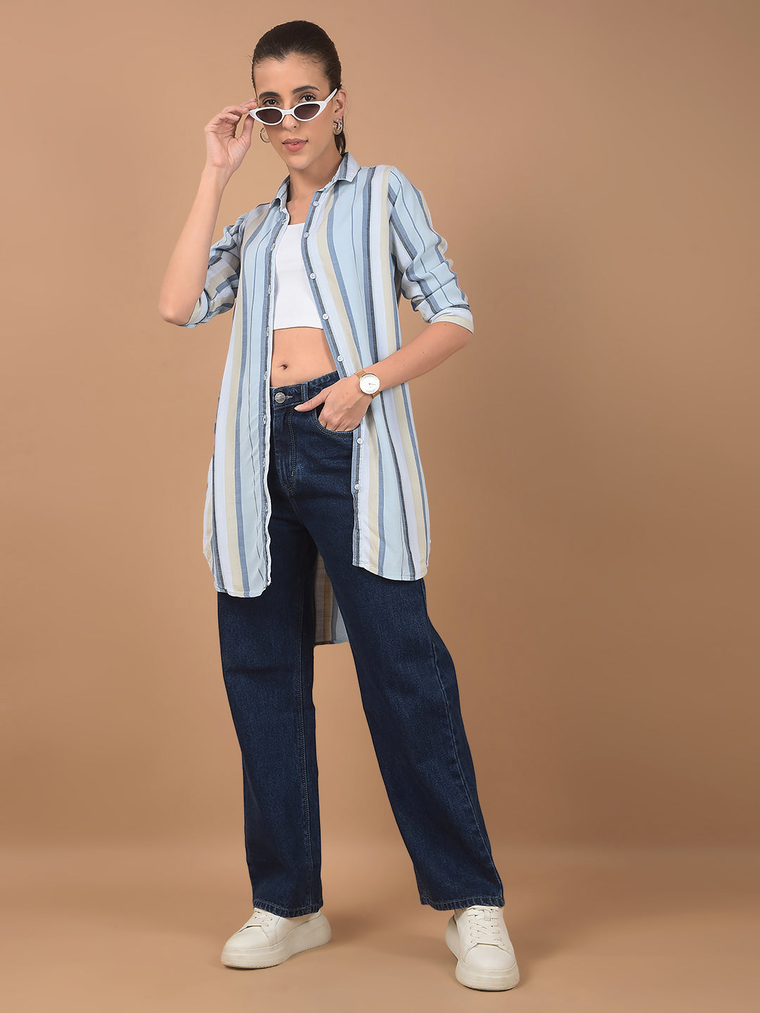 Blue Vertical Stripes Long-Length Shirt